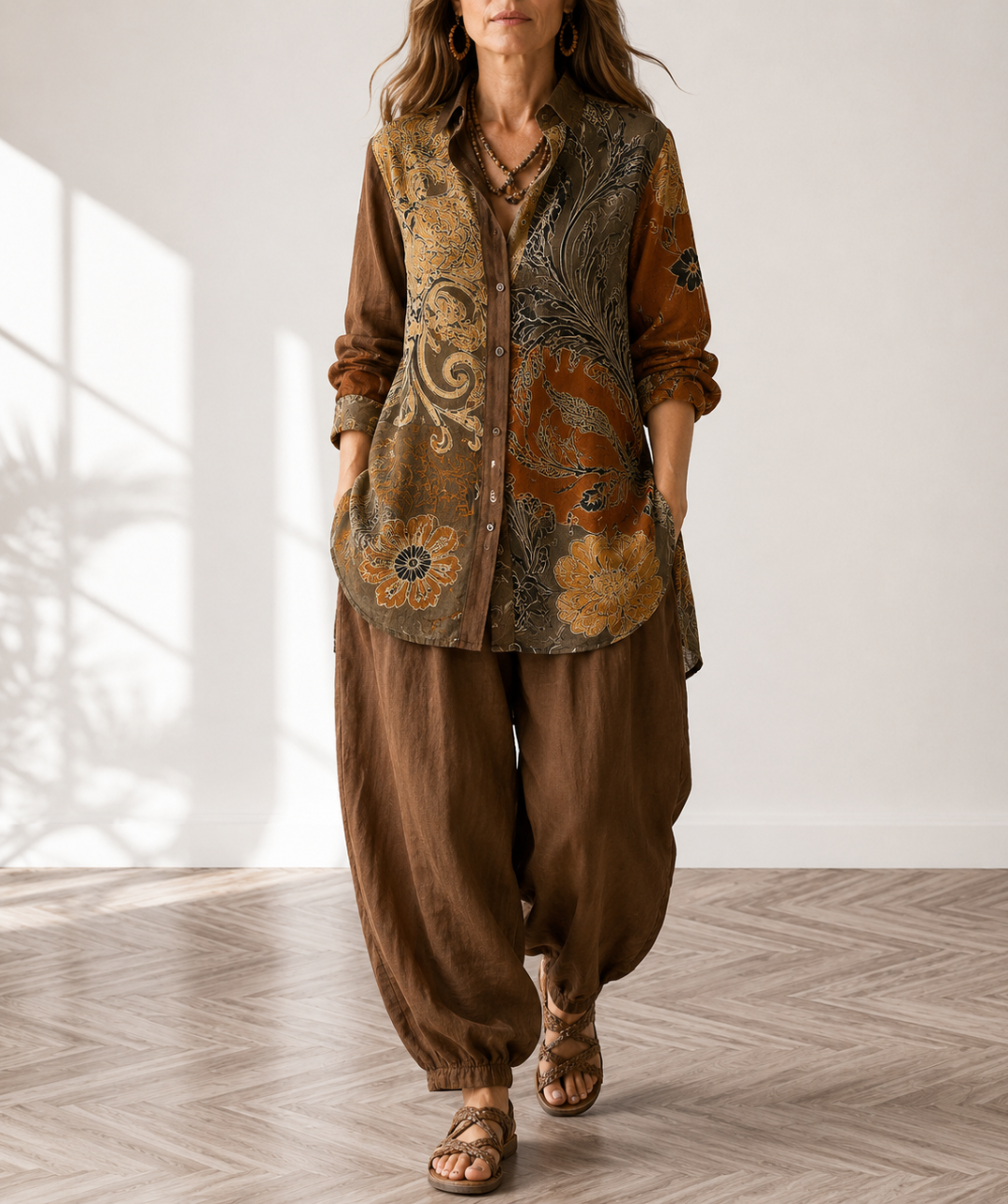 Nina | Set da donna con maglia a maniche lunghe a fiori e pantaloni, con bottoni