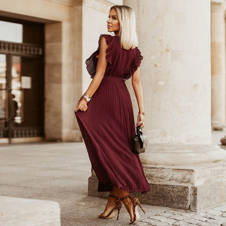 Elena™ - Elegante vestido bohemio de fiesta rojo oscuro con escote en V