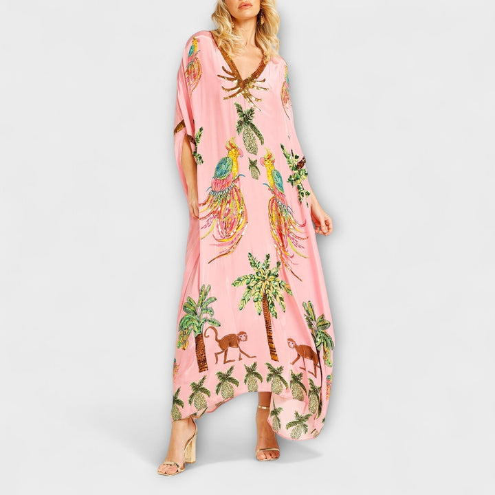 Linda – Wunderschönes Kleid mit asymmetrischen Schultern und tropischem Kokospalmen-Print