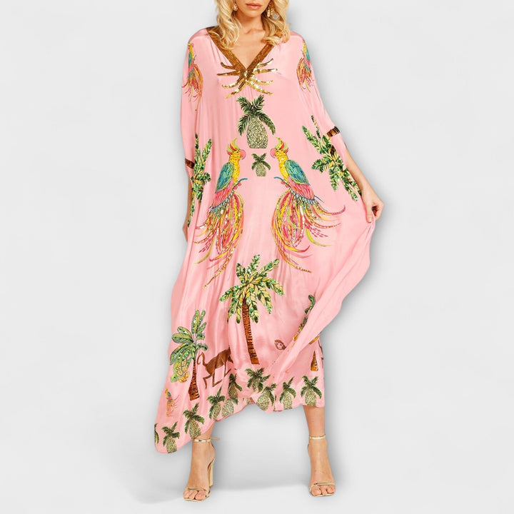 Linda – Wunderschönes Kleid mit asymmetrischen Schultern und tropischem Kokospalmen-Print