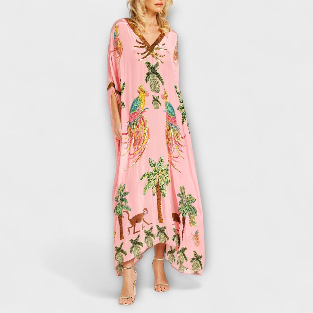 Linda – Wunderschönes Kleid mit asymmetrischen Schultern und tropischem Kokospalmen-Print