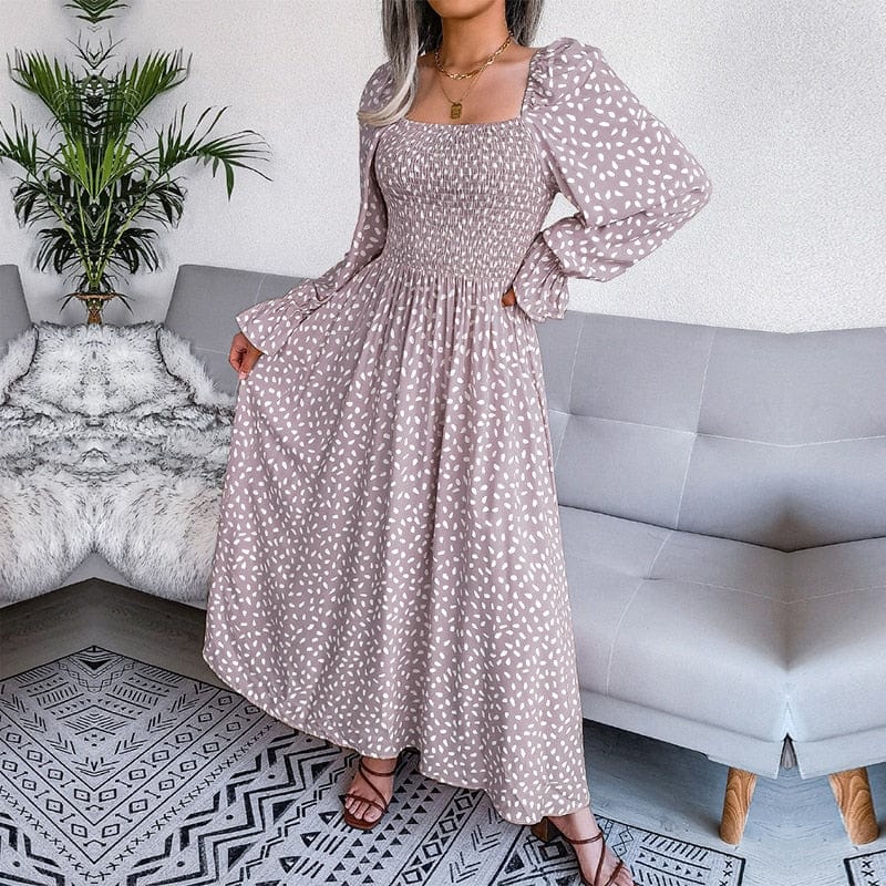 Lotte™ - Elegante vestido largo beige de manga larga