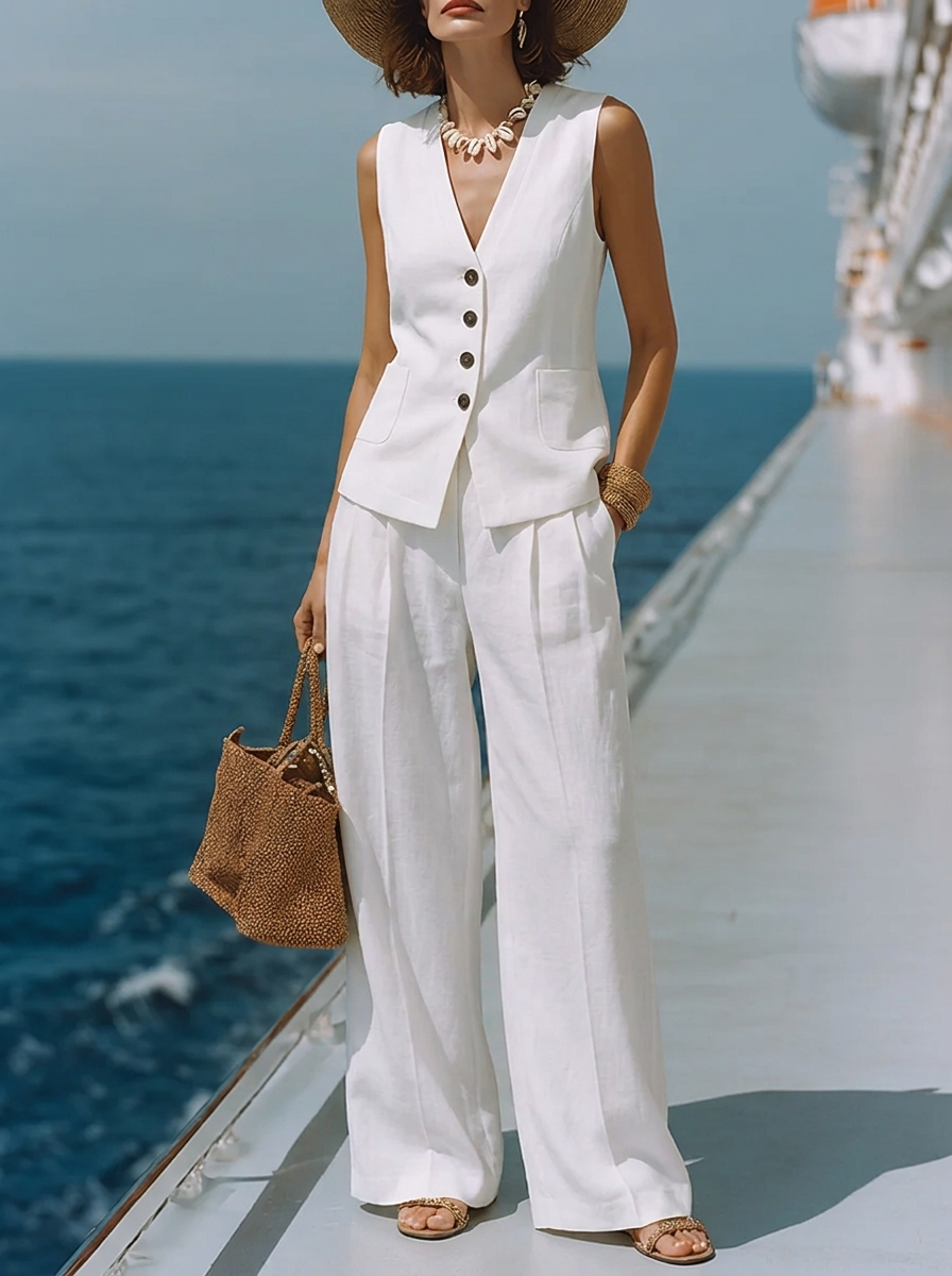 Set senza tempo composto da top bianco in cotone e lino con scollo quadrato e pantaloni capri coordinati