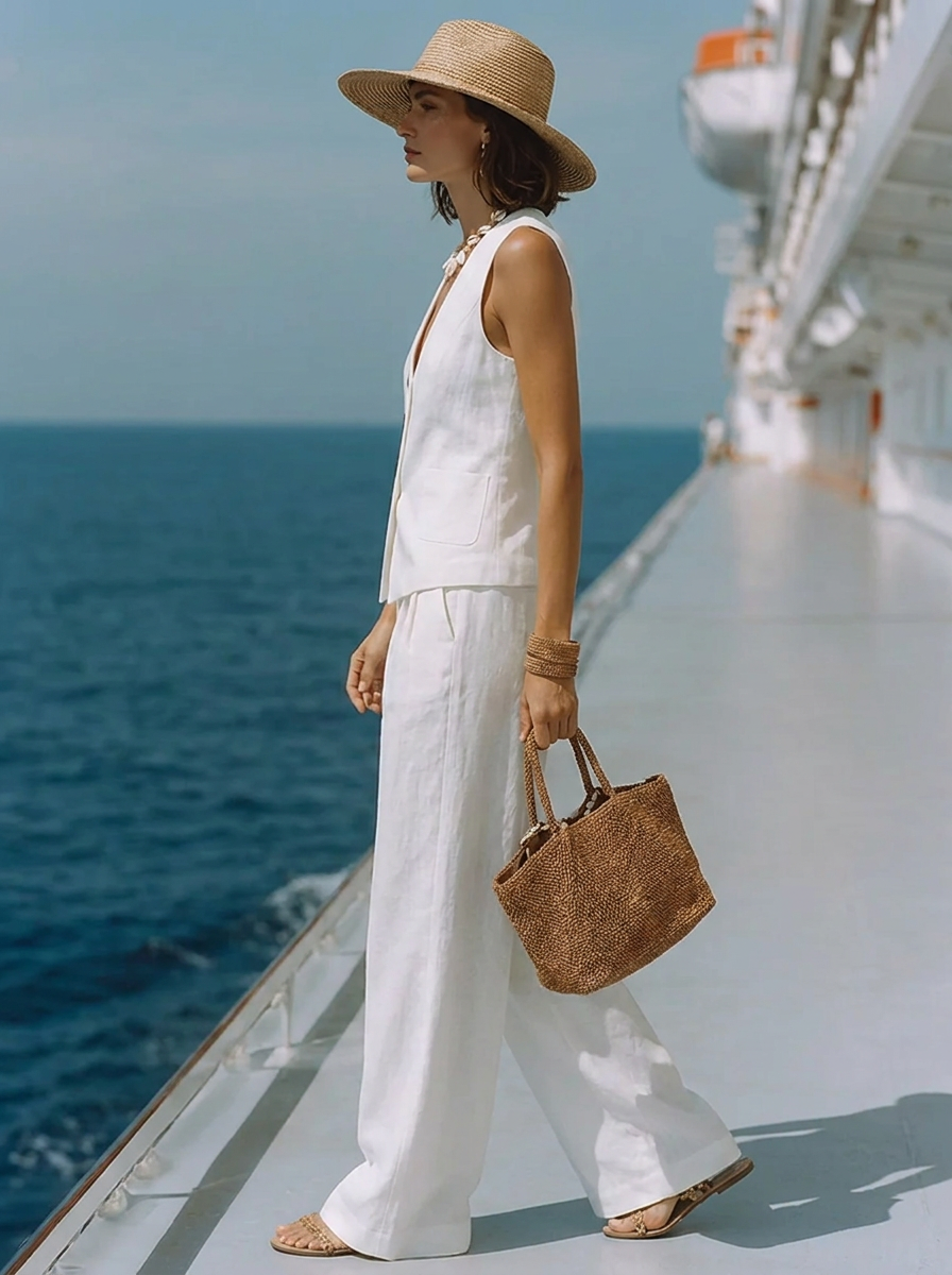 Set senza tempo composto da top bianco in cotone e lino con scollo quadrato e pantaloni capri coordinati