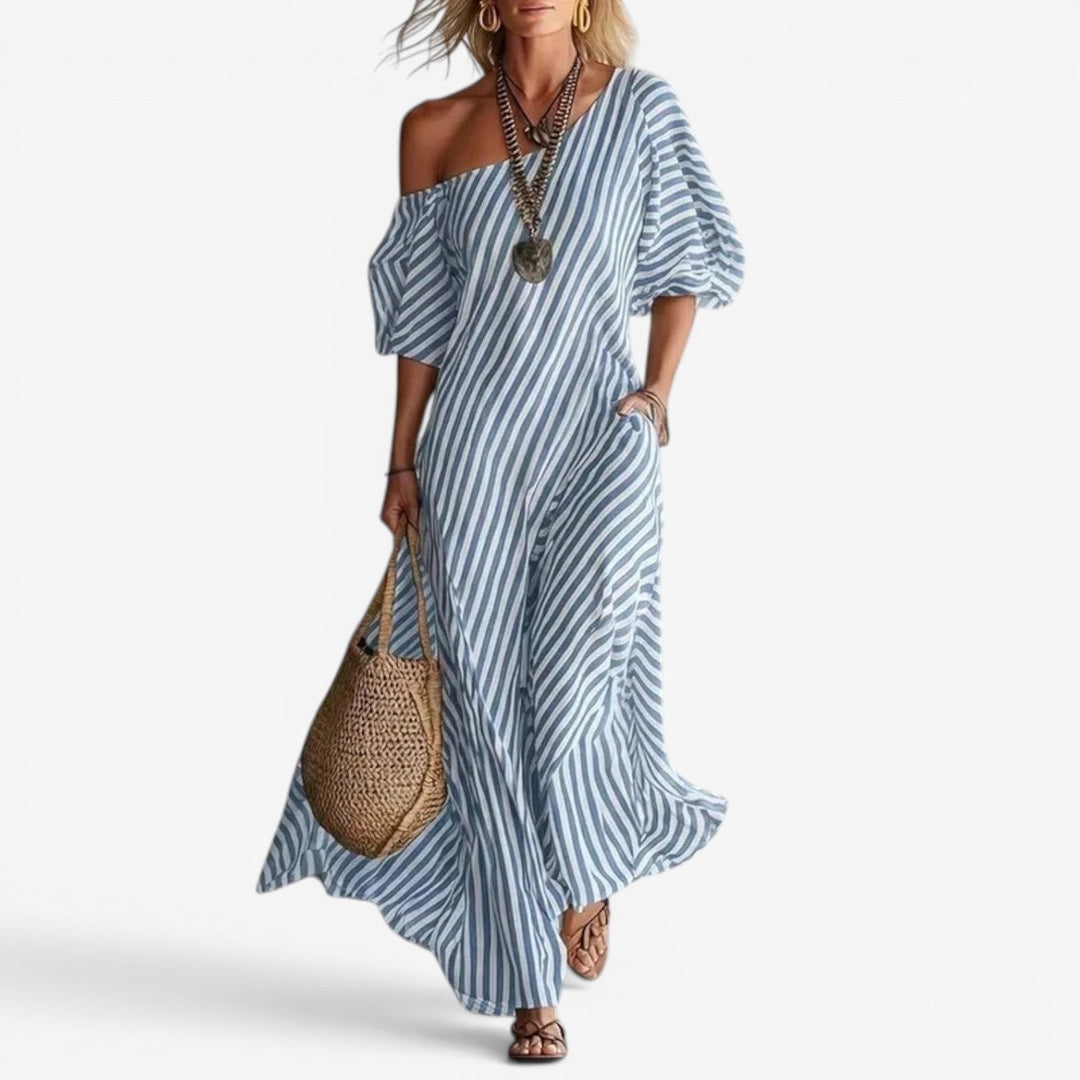 Inoni | naisten raidallinen off shoulder -maksimekko