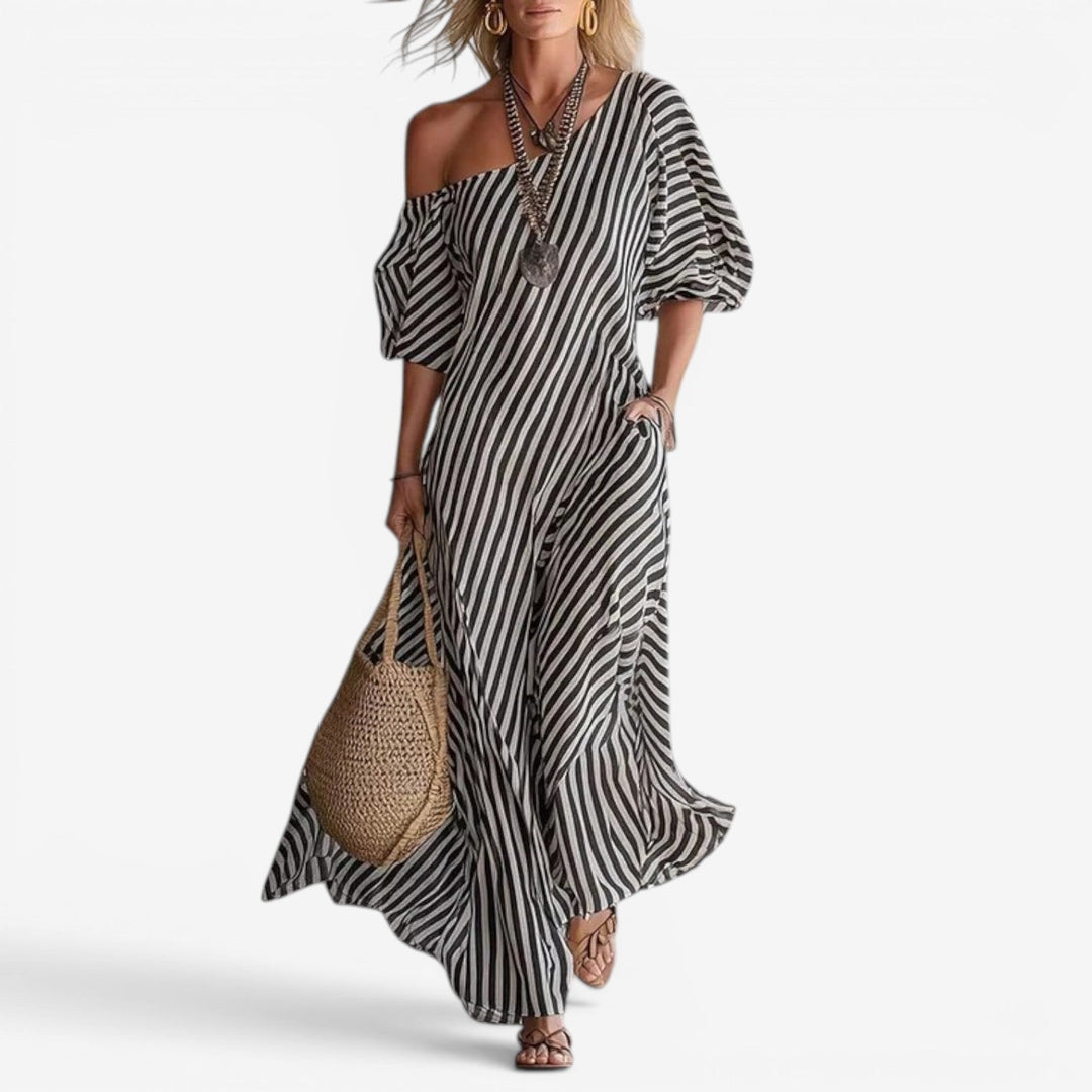 Inoni | naisten raidallinen off shoulder -maksimekko