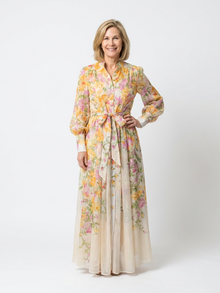 Cressida | Vestido maxi floral transparente de manga comprida