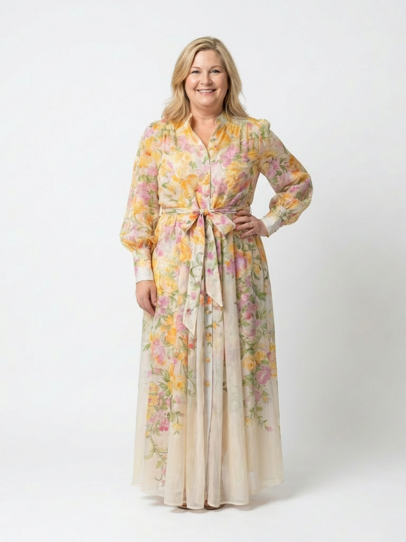 Cressida | Vestido maxi floral transparente de manga comprida