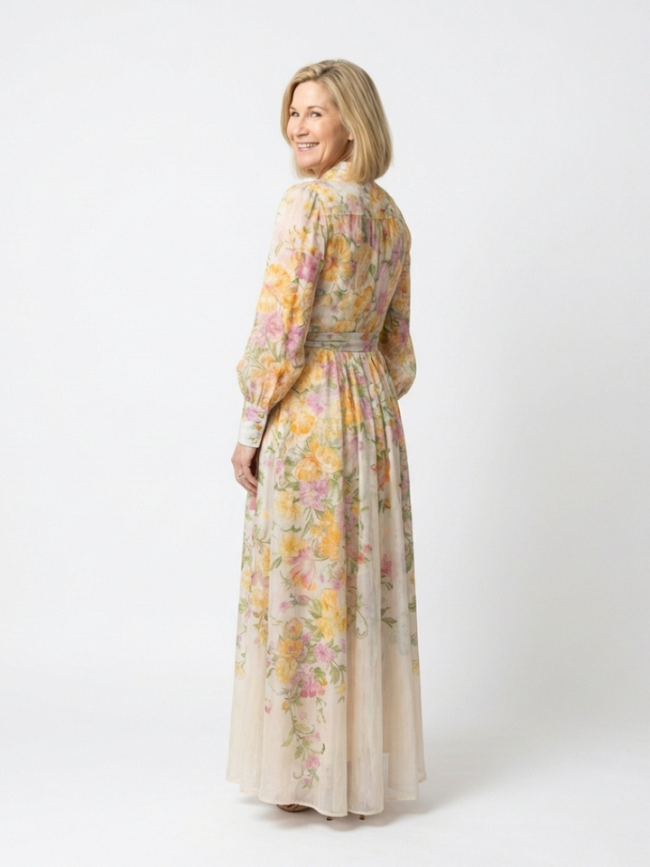 Cressida | Vestido maxi floral transparente de manga comprida