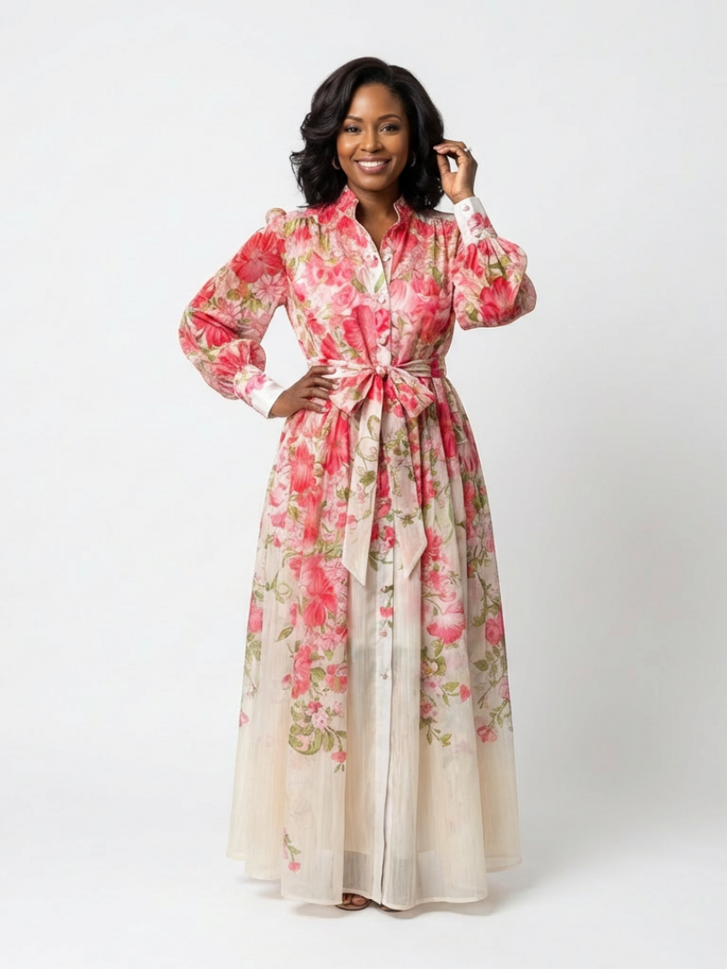 Cressida | Vestido maxi floral transparente de manga comprida