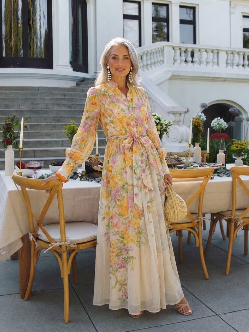 Cressida | Vestido maxi floral transparente de manga comprida